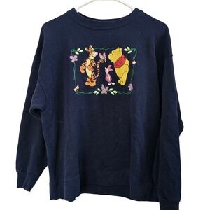 Vintage Disney Pooh Tigger Piglet Embroidered Navy Sweatshirt XL Made in USA